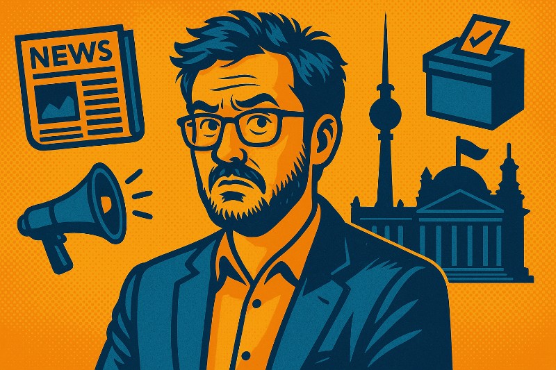 Comicartiges Titelbild im Real-Comic-Style: eine stilisierte männliche Figur vor politischen Symbolen wie Bundestag, Wahlurne, Zeitung und Megafon im blau-roten Farbschema.