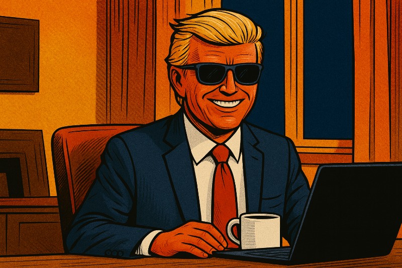 Satirische Comic-Szene: Ronald Tramp sitzt lächelnd mit Sonnenbrille im warm beleuchteten Büro an einem Laptop, eine Kaffeetasse daneben. Real-Comic-Style in kräftigen Blau-, Rot- und Orangetönen.
