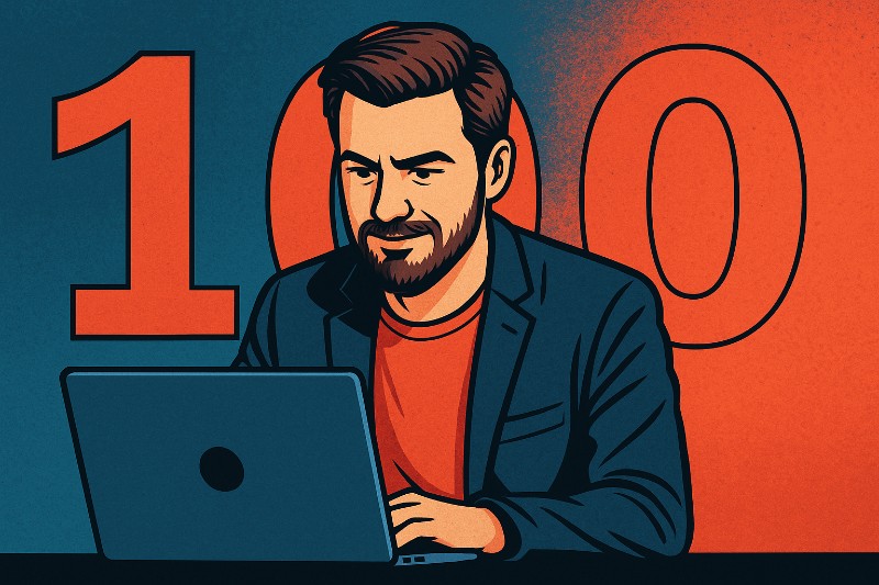Comicstil-Illustration eines Mannes, der konzentriert an einem Laptop sitzt. Warme Rot- und kühle Blau-Töne formen einen modernen Real-Comic-Look. Hintergrund mit dynamischen Farbflächen im Stil von tc-mueller.de, ohne Text oder Symbole.
