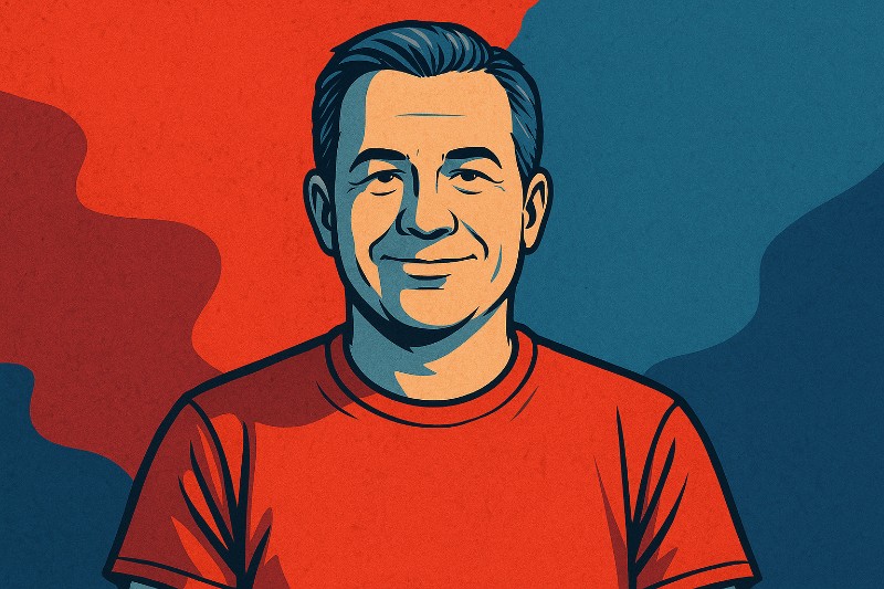 Comicartige Illustration eines freundlich lächelnden Mannes in einem roten T-Shirt, vor einem abstrakten Hintergrund aus Blau- und Rottönen im modernen Real-Comic-Style.