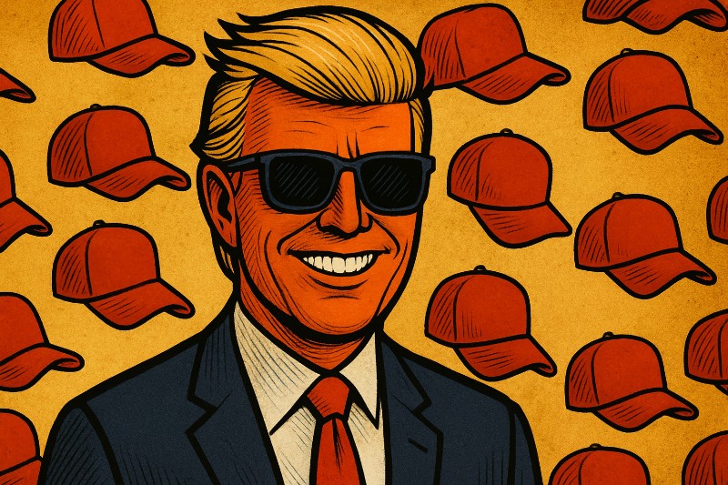 Comicartige Illustration von Ronald Tramp mit Sonnenbrille und breitem Grinsen im Real-Comic-Style, umgeben von zahlreichen roten Baseballkappen auf gelbem Hintergrund. Dominante Farben sind Dunkelblau, Orange und Rot.