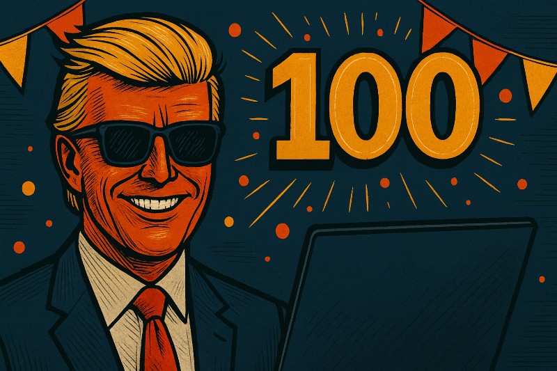 Comicartige Szene: Ronald Tramp mit Sonnenbrille und breitem Grinsen sitzt vor einem Laptop, während im Hintergrund festliche Girlanden und eine große „100“ in kräftigen Orange- und Blautönen den Jubiläumsbeitrag feiern.