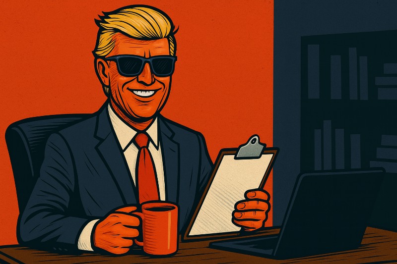 Comicartige Szene: Ronald Tramp sitzt grinsend mit Sonnenbrille am Schreibtisch, hält eine Kaffeetasse und ein Klemmbrett, vor ihm ein Laptop. Hintergrund in kräftigem Orange und Dunkelblau, im Stil einer modernen Real-Comic-Illustration