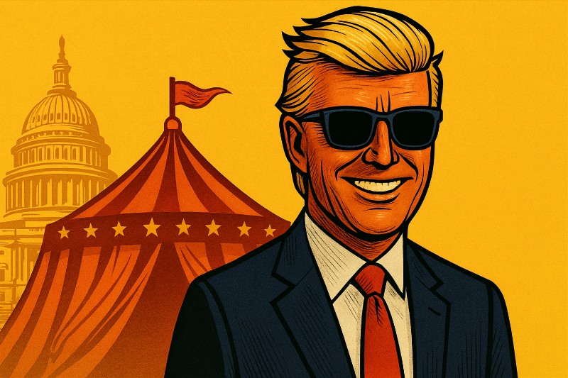 Comicartige Szene: Ronald Tramp mit Sonnenbrille und breitem Grinsen vor einem gelben Hintergrund, links im Bild ein rot-goldenes Zirkuszelt und die Silhouette des US-Kapitols. Real-Comic-Style in satten Gelb-, Rot- und Blautönen.