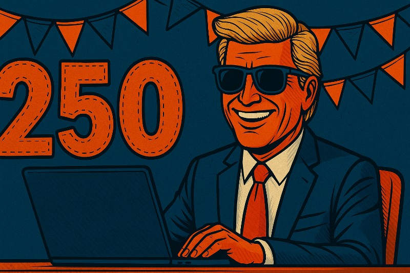 Comicartige Szene: Ronald Tramp mit Sonnenbrille und breitem Grinsen sitzt an einem Laptop, während im Hintergrund bunte Girlanden und eine große orangefarbene „250“ das Jubiläum feiern. Dominierende Farben sind dunkles Blau, Orange und Rot im Real-Comic-Style.