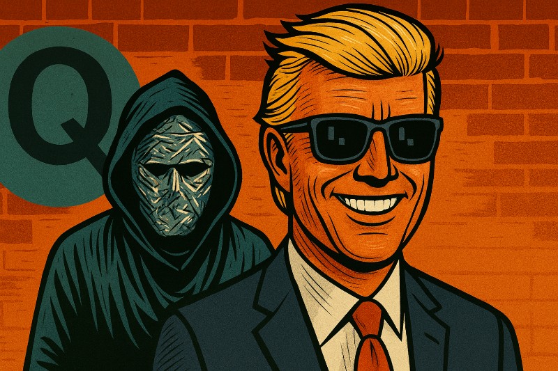 Comicartige Szene: Ronald Tramp mit Sonnenbrille und breitem Grinsen vor einer orangefarbenen Backsteinwand. Hinter ihm eine dunkle, verhüllte Gestalt mit alufolienartiger Maske, links ein großes, dunkles Q-Symbol. Illustration im kräftigen Real-Comic-Style mit Blau-, Orange- und Grüntönen.