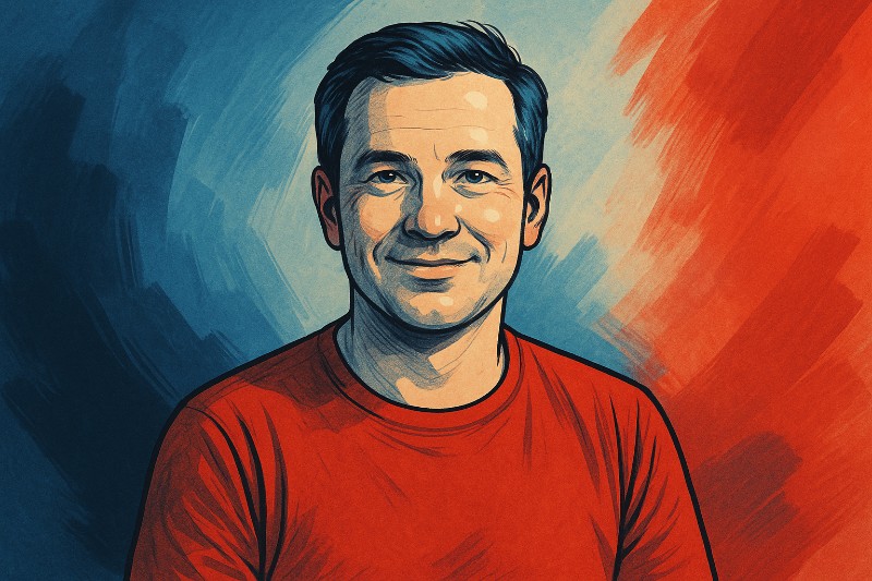 Comicartige Illustration eines freundlich lächelnden Mannes im roten T-Shirt vor einem dynamischen Hintergrund aus tiefen Blau- und kräftigen Rottönen im modernen Real-Comic-Style.