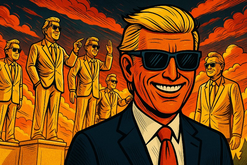 Grafik: Comicartige Darstellung - 500 Beiträge – Ronald Tramp sprengt die Satire-Schallmauer