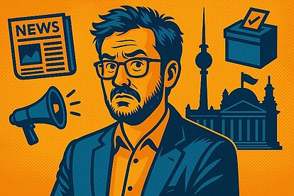 Comicartiges Titelbild im Real-Comic-Style: eine stilisierte männliche Figur vor politischen Symbolen wie Bundestag, Wahlurne, Zeitung und Megafon im blau-roten Farbschema.