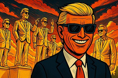 Grafik: Comicartige Darstellung - 500 Beiträge – Ronald Tramp sprengt die Satire-Schallmauer